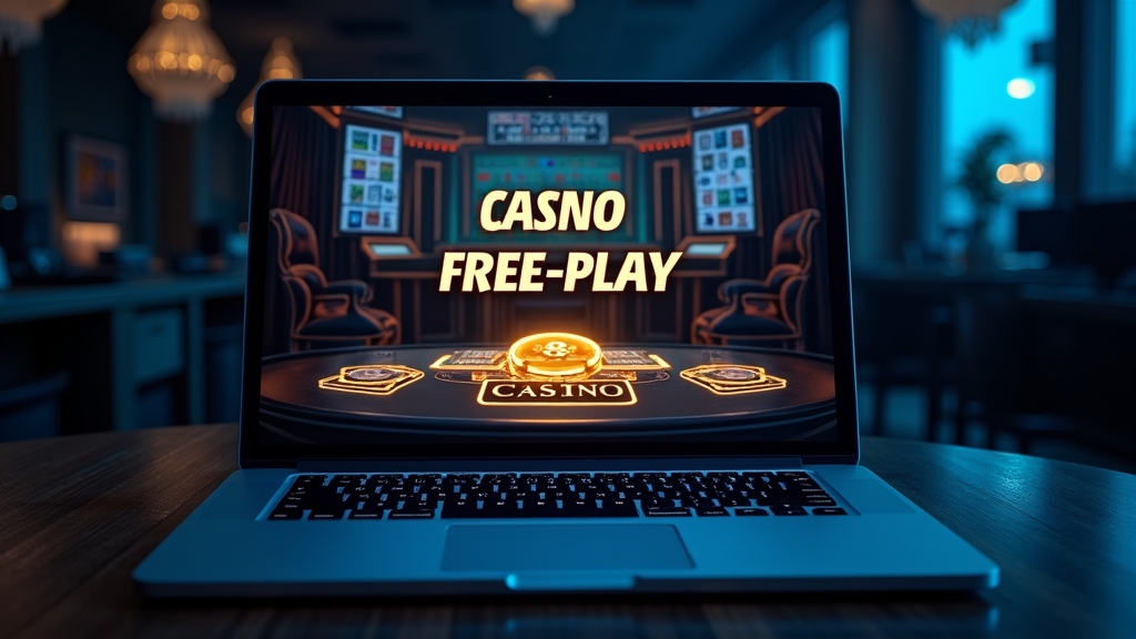 Laptop showing a casino lobby with demo buttons and virtual coins