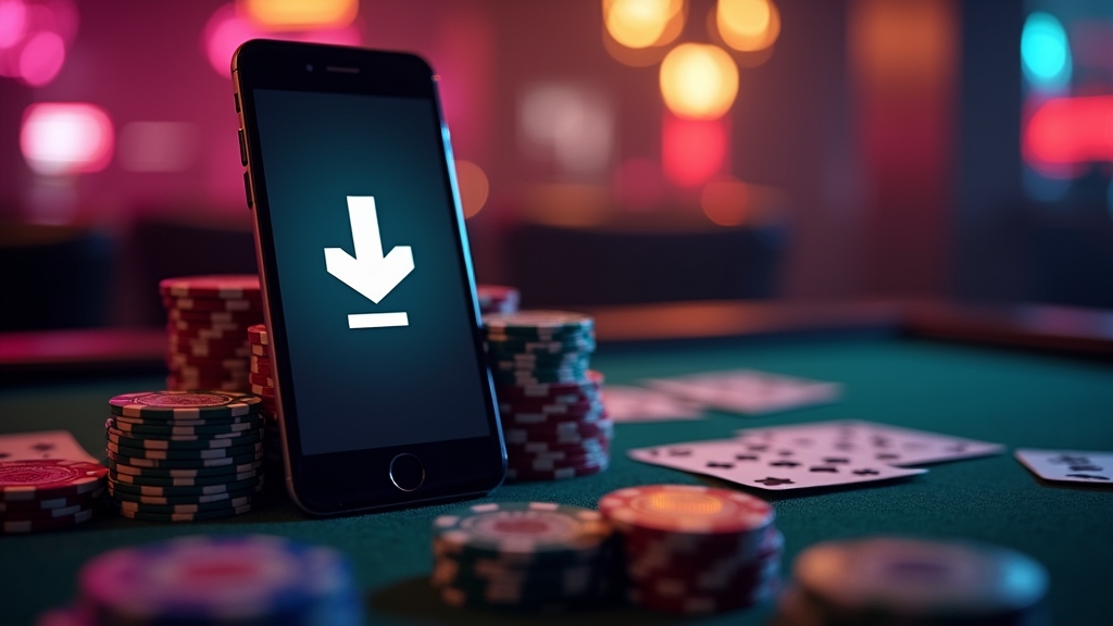 Smartphone showing a casino app download screen in a dark casino setting