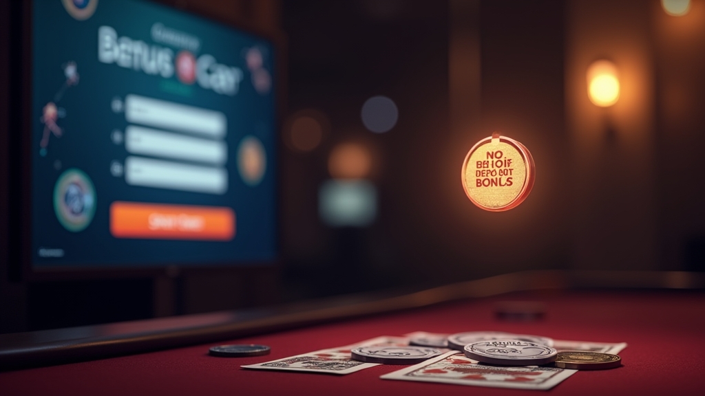 Glowing no-deposit bonus token near a casino slot machine and sign-up screen