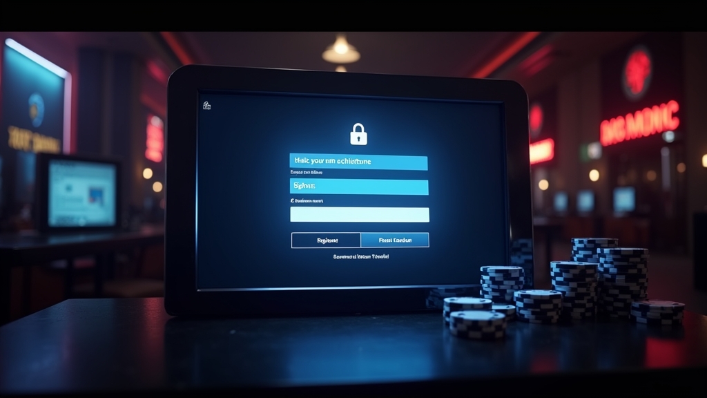 Hall de casino avec un écran d’inscription de compte lumineux et un terminal de connexion