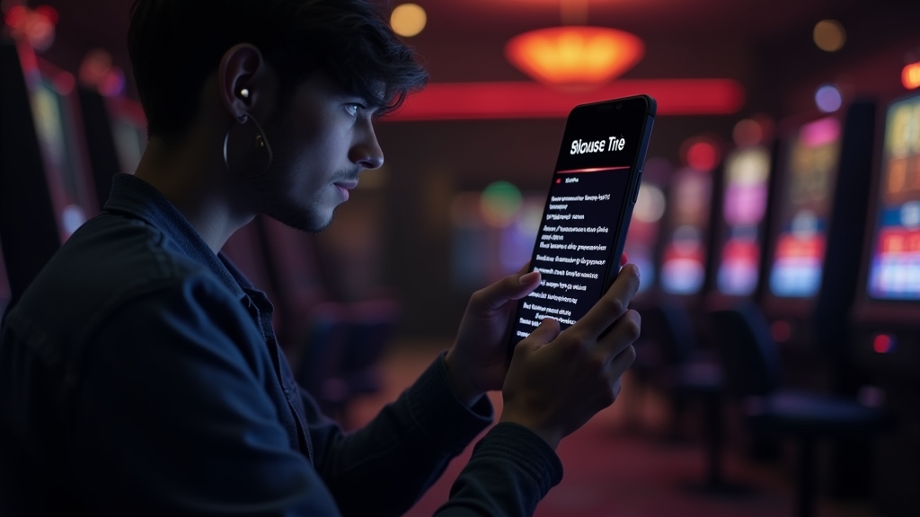Player checking bonus terms on a phone in a dark casino cashier area