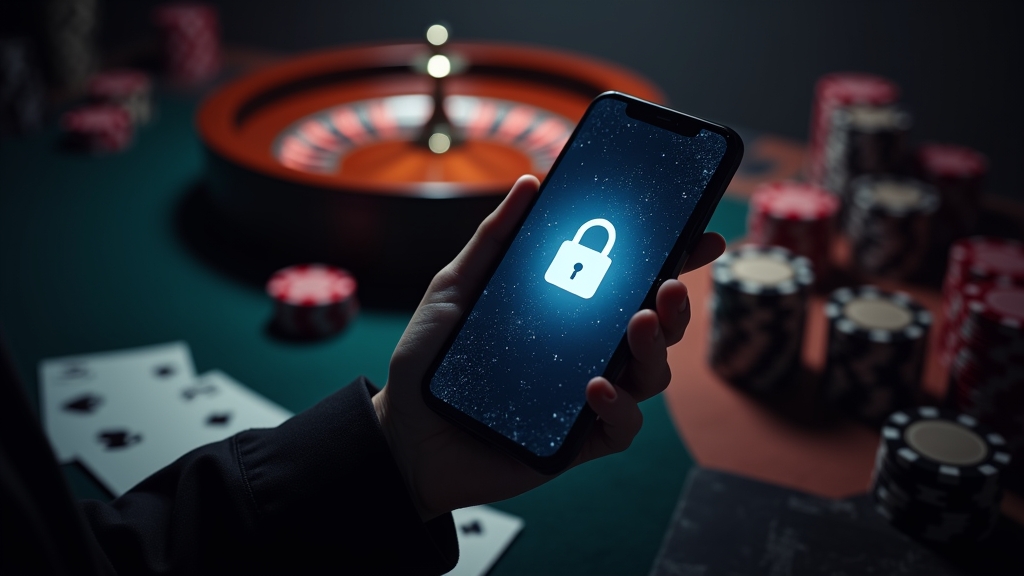 Hand holding a smartphone with a secure casino app screen in a dark casino